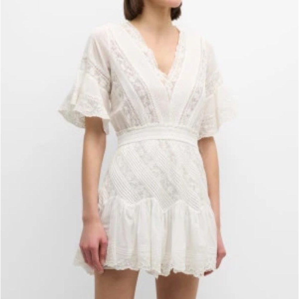LoveShackFancy Cream Skater Mini Dress with Smocked Ruffles